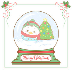 merry Christmas cute duck drawing snow globe card
