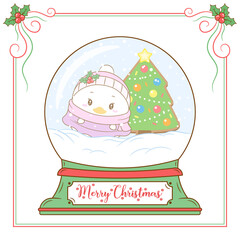 merry Christmas cute duck drawing snow globe card
