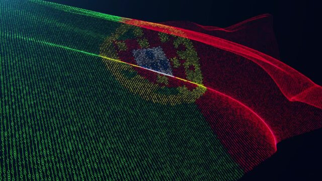 3d render. Portugal digital flag with binary code texture flies in the wind. Seamless loop.