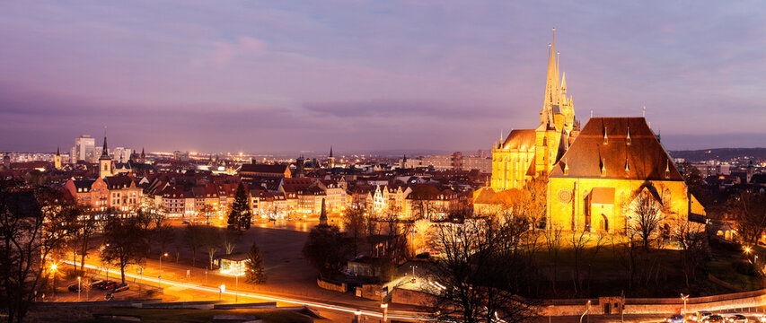 Illuminated cityscape with Erfurt Cathedral