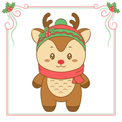merry Christmas cute reindeer drawing with red berry