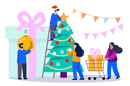 Happy family decorates a Christmas tree vector illustration of a flat design. Cute smiling people decorating Christmas tree with baubles and garlands