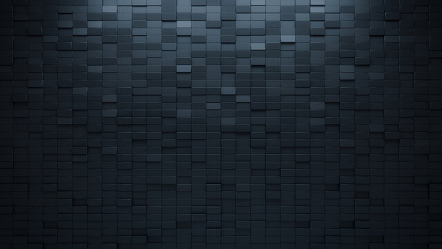 Futuristic, High Tech, dark background, with a rectangular block structure. Wall texture with a 3D rectangle tile pattern. 3D render