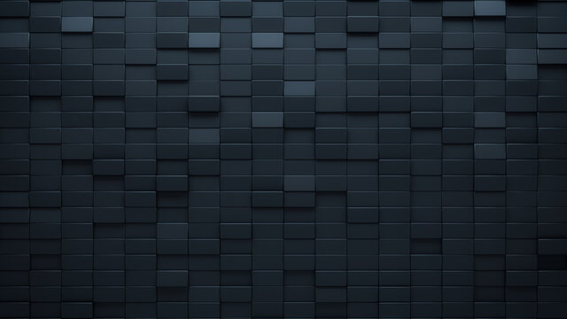 Futuristic, High Tech, dark background, with a rectangular block structure. Wall texture with a 3D rectangle tile pattern. 3D render