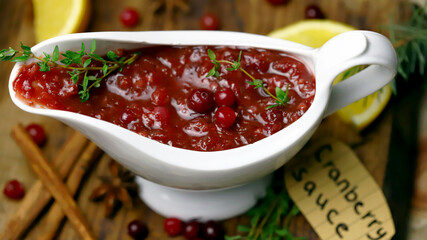 Cranberry sauce in a white gravy boat. Cranberries, cinnamon and spices. Branches of a Christmas tree. Christmas mood.