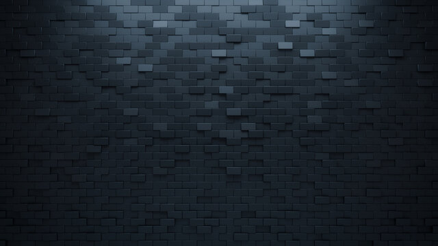 Futuristic, High Tech, dark background, with a offset rectangular block structure. Wall texture with a 3D rectangle tile pattern. 3D render