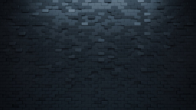 Futuristic, High Tech, dark background, with a offset rectangular block structure. Wall texture with a 3D rectangle tile pattern. 3D render