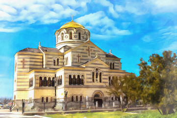 Orthodox church at Chersonese colorful painting looks like picture.