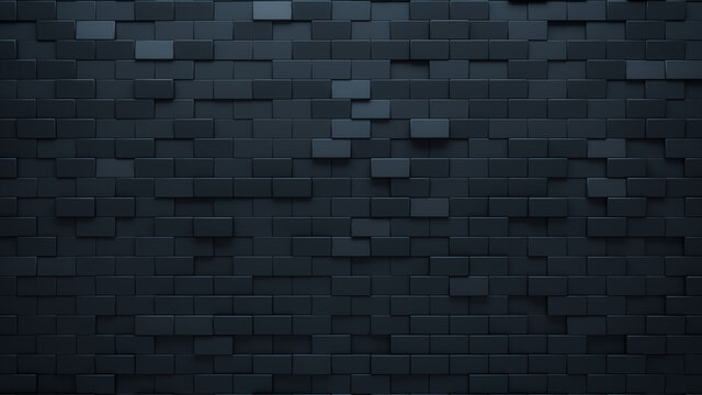Futuristic, High Tech, dark background, with a offset rectangular block structure. Wall texture with a 3D rectangle tile pattern. 3D render