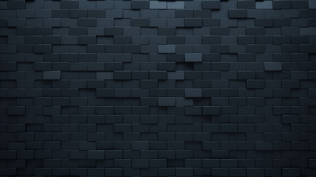 Futuristic, High Tech, dark background, with a offset rectangular block structure. Wall texture with a 3D rectangle tile pattern. 3D render