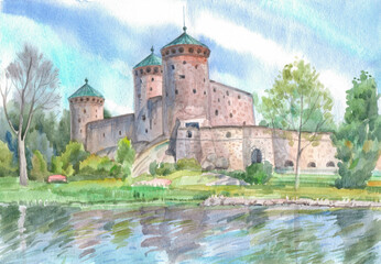Fototapeta premium Olavinlinna (Olafsborg) medieval old fortress of the 15th century on a rock in a lake in Finland on a summer day, watercolor drawing.