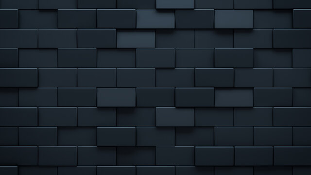 Futuristic, High Tech, dark background, with a offset rectangular block structure. Wall texture with a 3D rectangle tile pattern. 3D render
