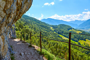 Fototapeta premium Mountain trail in the rock with a beautiful view. Predigtstuhl, Upper Austria. 