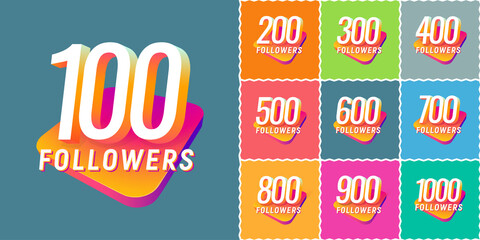 Set of numbers for followers vector illustration. Collections of icons with numbers for Celebrate of followers isolated design elements on different colors background