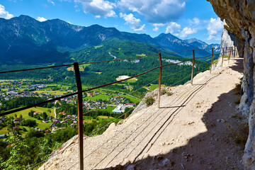 Mountain trail in the rock with a beautiful view.  Predigtstuhl, Upper Austria.   © T.Dz