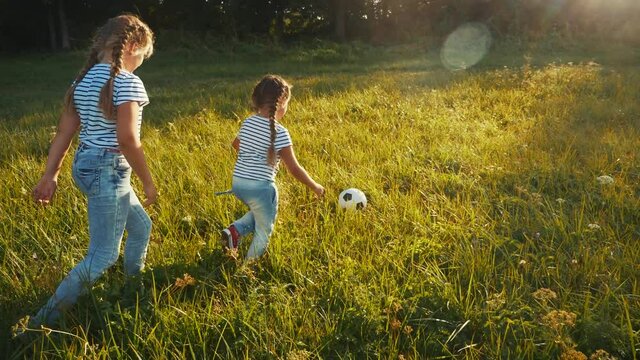 two little girls play soccer in the park with a ball. kid dream concept. kid play ball on green grass in fun the park. child playing soccer. people in the park concept