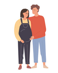 Couple of man and pregnant woman. Husband hugging his wife. Cartoon colorful characters. Concept of motherhood, maternity, parenthood. Flat cartoon vector illustration