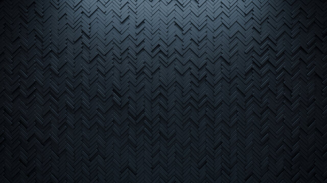 Futuristic, High Tech, dark background, with a herringbone block structure. Wall texture with a 3D parquet tile pattern. 3D render