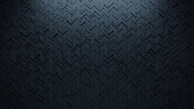 Futuristic, High Tech, dark background, with a herringbone block structure. Wall texture with a 3D parquet tile pattern. 3D render
