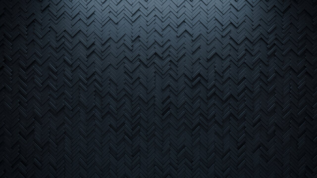 Futuristic, High Tech, dark background, with a herringbone block structure. Wall texture with a 3D parquet tile pattern. 3D render