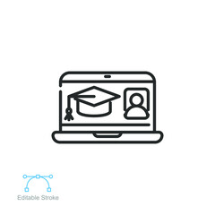 Online education platform line icon. Virtual learning concept, graduation cap on laptop display. Mobile learning. Home education. Editable stroke vector illustration design on white background. EPS 10