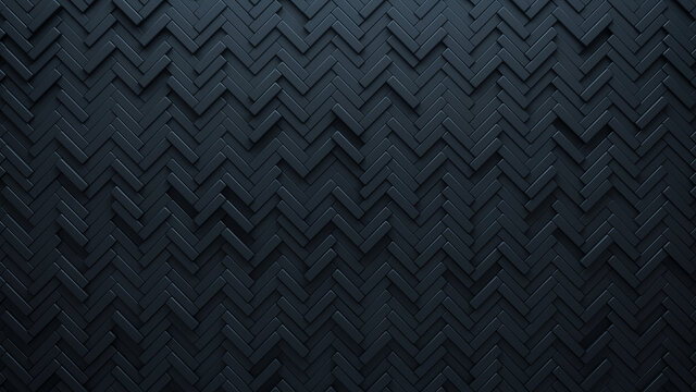 Futuristic, High Tech, dark background, with a herringbone block structure. Wall texture with a 3D parquet tile pattern. 3D render