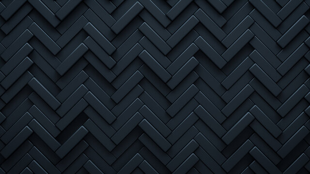 Futuristic, High Tech, dark background, with a herringbone block structure. Wall texture with a 3D parquet tile pattern. 3D render