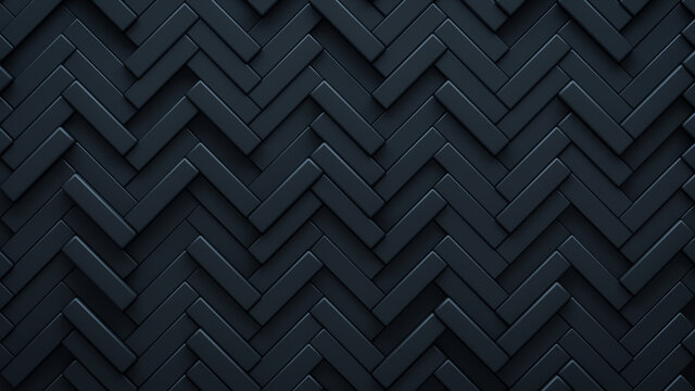 Futuristic, High Tech, dark background, with a herringbone block structure. Wall texture with a 3D parquet tile pattern. 3D render