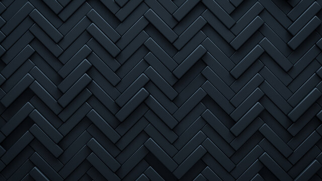 Futuristic, High Tech, dark background, with a herringbone block structure. Wall texture with a 3D parquet tile pattern. 3D render
