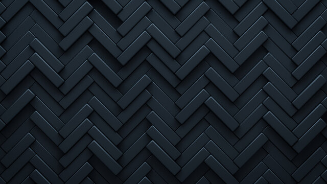 Futuristic, High Tech, dark background, with a herringbone block structure. Wall texture with a 3D parquet tile pattern. 3D render
