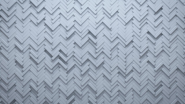 Futuristic, High Tech, light background, with a herringbone block structure. Wall texture with a 3D parquet tile pattern. 3D render