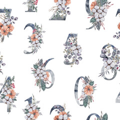 Watercolor floral numbers seamless pattern, digital paper. Winter Christmas illustration on white background. Can be used for packaging, wrapping paper, scrapbook paper, fabric, textile