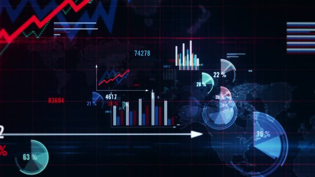 Chart concept seamless and loopable 3d animation. Economy, global business, statistic, crisis and finance. Abstract flight between graphs and charts on blue background. 