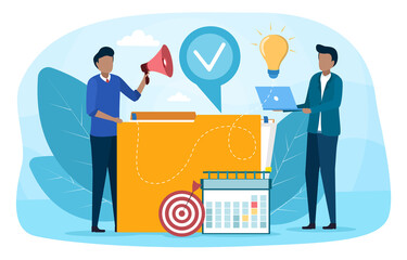 Project management abctract concept. Successful strategy, motivation and leadership. Marketing analysis and development. Vector illustration in flat cartoon style