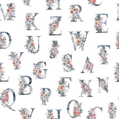 Watercolor floral alphabet seamless pattern, digital paper. Winter Christmas illustration on white background. Can be used for packaging, wrapping paper, scrapbook paper, fabric, textile
