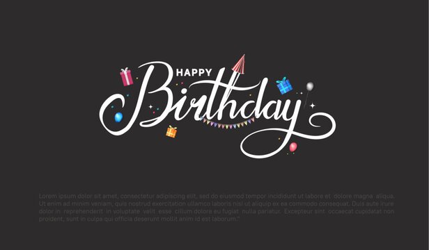happy birthday typography white color vector design with birthday party element isolated on black background can be use for background, poster and template