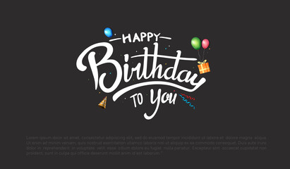 happy birthday typography white color vector design with birthday party element isolated on black background can be use for background, poster and template