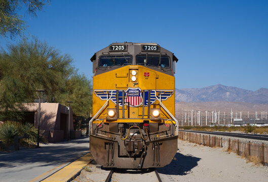 Train on a railway station - Union Pacific. US Infrastrastructure Concerns in the USA.