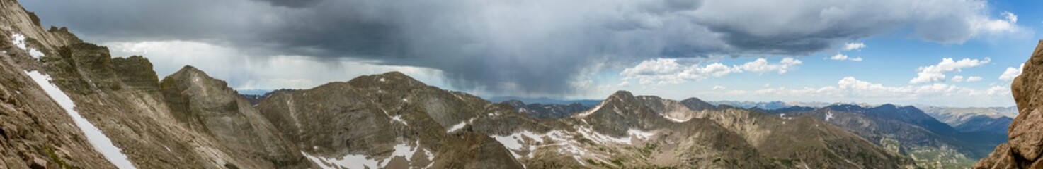 Panorama shot of rocky hills and storm clouds around Longs peak in rocky mountains national park in america