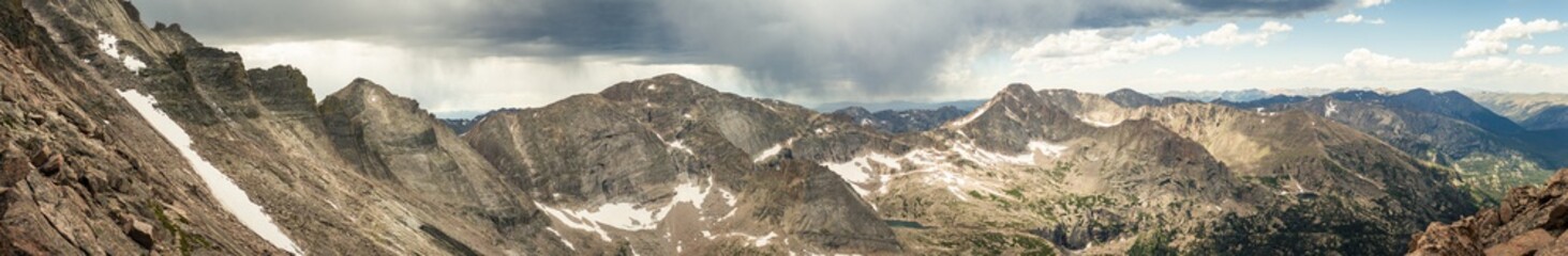 Panorama shot of rocky hills and storm clouds around Longs peak in rocky mountains national park in america