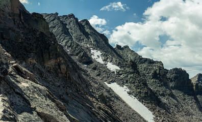 Wide shot  of climbers climb in part of trail to top of Longs peak in rocky mountains national park in america