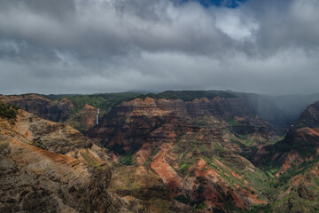 Fototapeta na wymiar a rocky canyon with a cloudy sky with Waimea Canyon State Park in the background