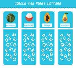 Circle the first letters of cartoon fruits. Matching game. Educational game for pre shool years kids and toddlers