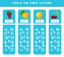 Circle the first letters of cartoon fruits. Matching game. Educational game for pre shool years kids and toddlers