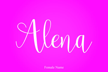 Alena. Female Name Handwritten Cursive Calligraphy On Pink Background