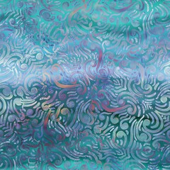 Fototapeta premium Shiny damask pattern on wavy satin like material. High quality illustration. Graceful smooth fluid background design with classic damask hand drawn pattern overlay. Vivid glowing trendy backdrop.