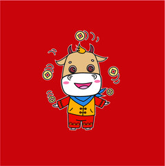 Mascot of the Year of the Ox.Cartoon cow playing with gold coins.