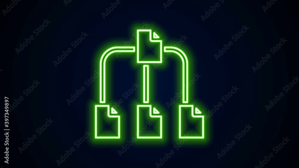 Poster glowing neon line folder tree icon isolated on black background. computer network file folder organi