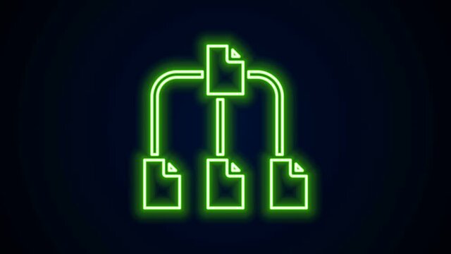Glowing neon line Folder tree icon isolated on black background. Computer network file folder organization structure flowchart. 4K Video motion graphic animation.