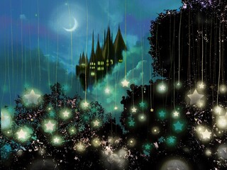 Obraz na płótnie Canvas The silhouette of European beautiful castle and the crescent moon behind deep forest in starry night sky background